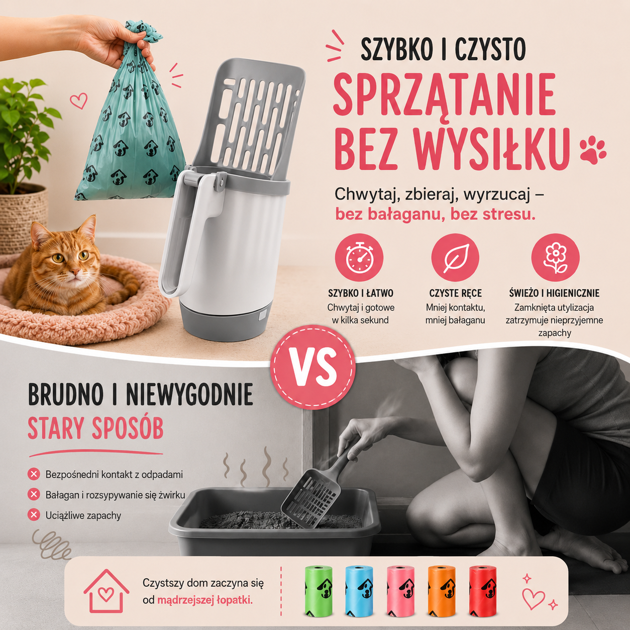 Palmero™ – Łopatka do kuwety + 5 rolek worków GRATIS